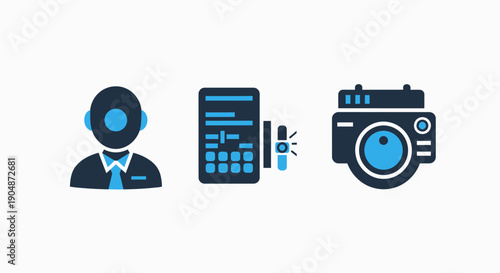 Icons representing business services: customer support, data management, and security surveillance.