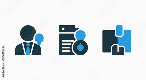 Icons for business management and data handling: personnel management, data organization, and file management.
