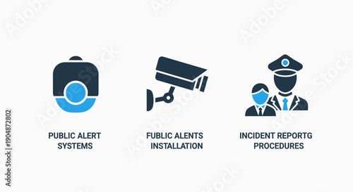 Icons depicting public alert systems, installation of public alerts, and incident reporting procedures with security personnel, in a professional blue and dark blue flat design.
