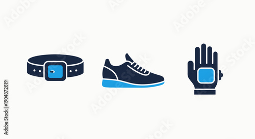 Icons showing a belt, a sneaker, and a glove, representing accessories or protective gear, in a simple, modern blue and dark blue flat style.