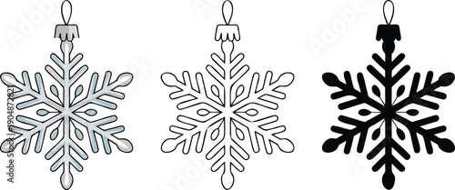 Christmas decoration snowflake silhouette & Outline and illustration set isolated on transparent background