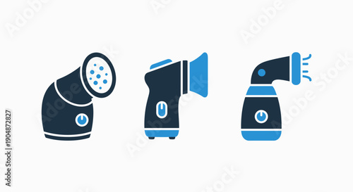 Set of icons featuring medical or scientific devices: a nebulizer, a handheld inhaler, and a spray bottle, in a clean blue and dark blue flat design.
