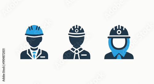 Icons of engineers or construction workers wearing hard hats, representing industry, labor, and safety professionals, in a professional blue and dark blue flat style.