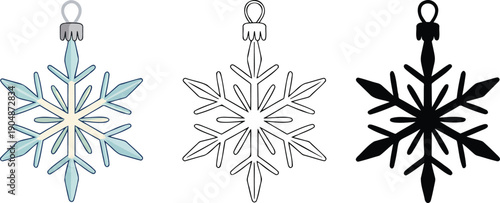 Christmas decoration snowflake silhouette & Outline and illustration set isolated on transparent background
