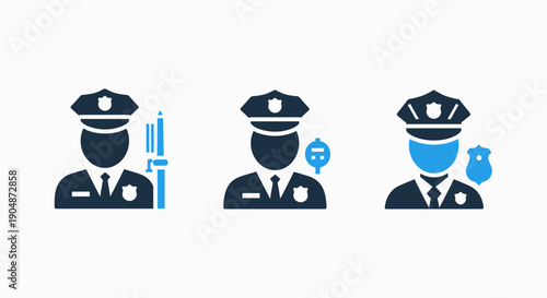 Icons of police officers with equipment like batons and badges, representing law enforcement, authority, and public safety in a professional blue and dark blue flat style.