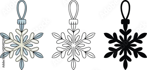 Christmas decoration snowflake silhouette & Outline and illustration set isolated on transparent background