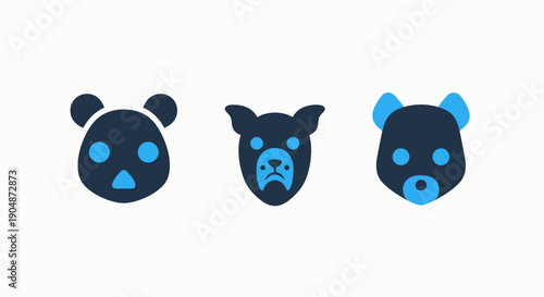 Set of simple animal face icons: panda, dog, and bear, with expressive eyes, in a playful blue and dark blue flat graphic style.