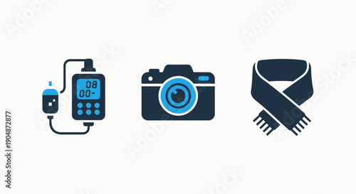 Icons depicting a blood glucose meter with test strips, a camera, and a scarf, representing health monitoring, photography, and fashion accessories in blue and dark blue.