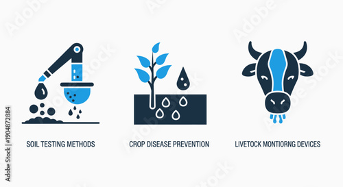 Icons illustrating soil testing methods, crop disease prevention, and livestock monitoring devices, relevant to agriculture and farming in a modern blue and dark blue flat style.