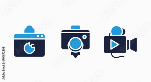 Icons representing digital media creation: a browser window with an eye icon, a camera on a rocket, and a video camera with a play button, in a dynamic blue and dark blue flat style.