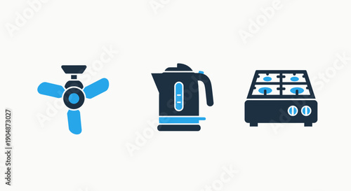 Icons for home comfort and kitchen essentials: a ceiling fan, an electric kettle, and a gas stove, in blue and dark navy.