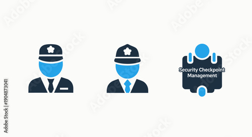 Icons for security and management: police officers and a security checkpoint management interface, illustrating safety and control