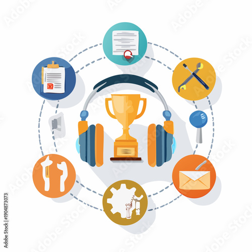 Achievement and support concept with headphones around a trophy and surrounding for success, tools, and communication