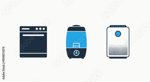 Collection of home appliance icons: modern oven, humidifier, and air purifier, illustrating household technology and comfort