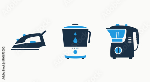 Household appliance icons: steam iron, coffee maker, and food processor, representing kitchen and home utility gadgets