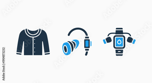 Product Icons: Cardigan, Earbuds with Cable, and Smartwatch with Water Drop in Blue and Dark Blue