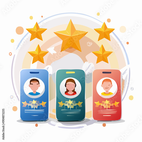 Three smartphones displaying user profiles and star ratings with golden stars floating above representing customer feedback and reviews