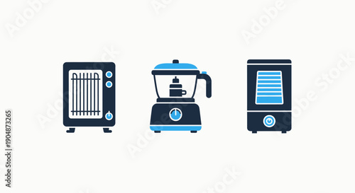 Home Appliance Icons: Space Heater, Blender, and Air Purifier/Humidifier in Blue and Dark Blue