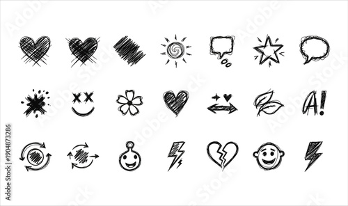 Premium Hand-Drawn Expressive Doodles - 21 Rough Scratched Sketches, Grungy Hearts, Lightning Bolts, and Emotive Symbols for Urban Branding Creative Journaling