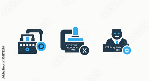 Icons representing industrial efficiency: machinery, process path, and employee performance tools on white background