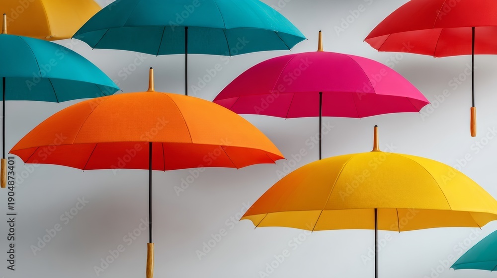 Obraz premium Colorful umbrellas in various vibrant hues floating chaotically against a light background, creating a dynamic and playful visual composition with overlapping elements