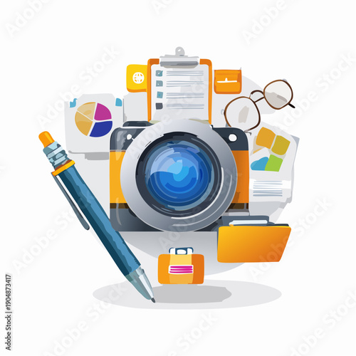 A setup is depicted with a central camera surrounded by business and organizational tools like a clipboard, charts, glasses, and folders, representing the analytical and planning aspects of visual