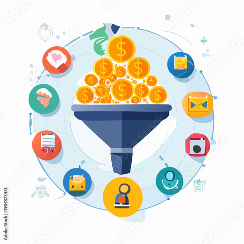 Conceptual of a sales funnel with coins flowing into a funnel surrounded by various business representing marketing and lead generation processes