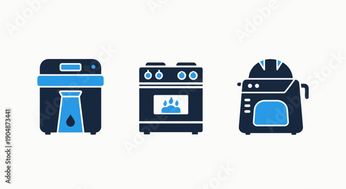 Kitchen appliance icons: rice cooker, stove, and toaster for cooking and baking.