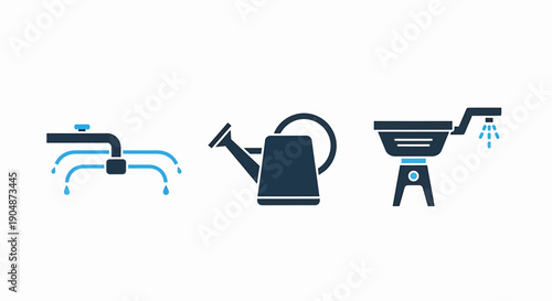 Watering icons: sprinkler, watering can, and spray nozzle for garden irrigation and plant care.