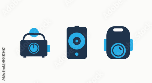 Icons of kitchen timers, speakers, and portable devices for timing, audio, and gadgets.
