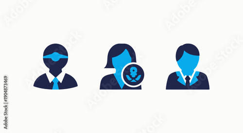 Icons of people with a tie, a woman with an anchor symbol, and a formal man representing business roles and identity.