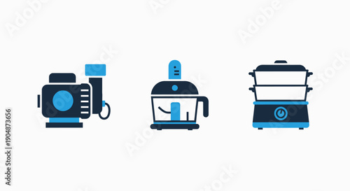 Kitchen Appliance Icons: Food Processor, Air Fryer, and Steamer for Modern Cooking