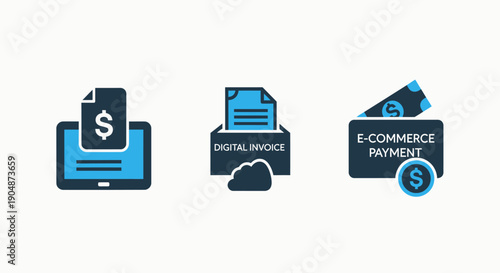 Digital Finance Icons: Mobile Payment, Cloud Invoice, and E-commerce Wallet