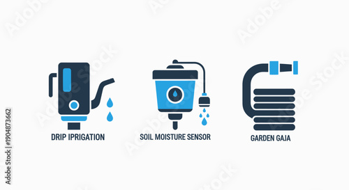 Garden Irrigation Icons: Drip System, Soil Moisture Sensor, and Water Hose