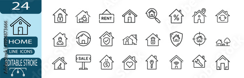 Real estate and house property outline icon set, residential building mortgage and rent symbol, home security and maintenance vector illustration with editable stroke