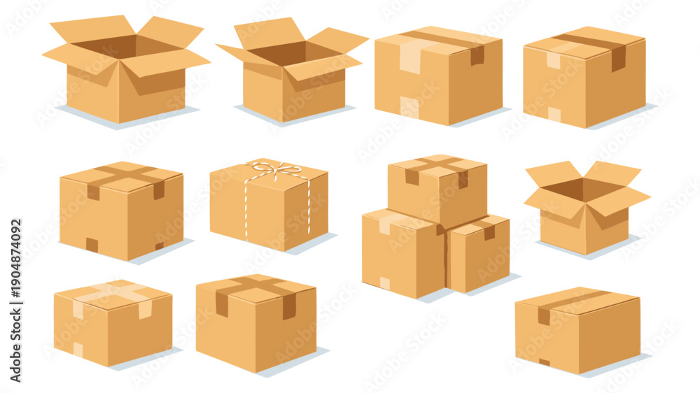 Fototapeta premium Assorted illustrations of cardboard boxes in various sizes and states of opening