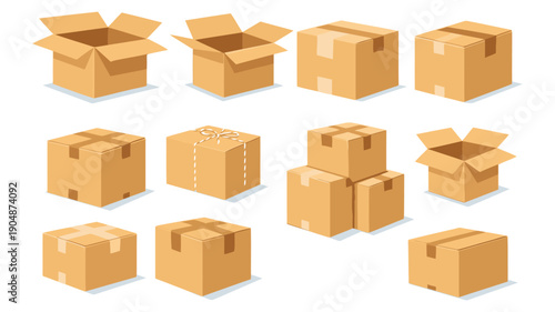 Assorted illustrations of cardboard boxes in various sizes and states of opening