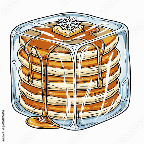 Frozen Breakfast Concept: Vector Illustration of Fluffy Pancakes Stack with Syrup and Butter Encased in a Transparent Ice Cube, Preserved Freshness Symbol