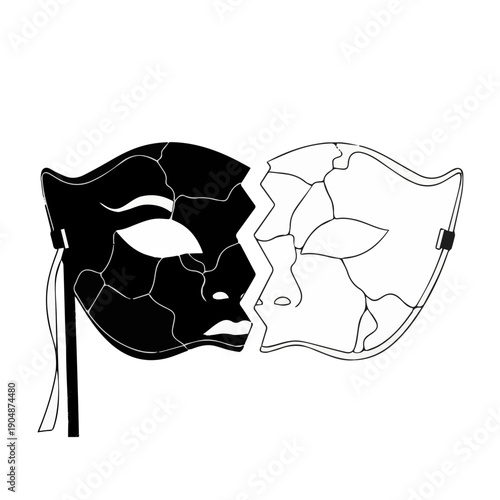Split broken theatrical mask vector illustration in black and white, concept of duality, bipolar disorder, split personality, and hidden identity isolated on white background.