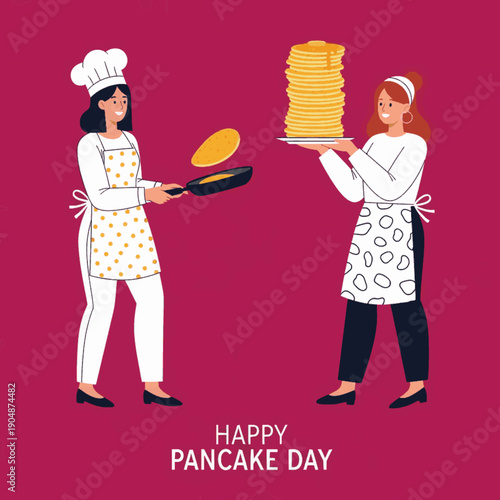 Happy Pancake Day vector concept of two female chefs wearing aprons cooking and serving tall stack of pancakes, full body flat design on purple background.