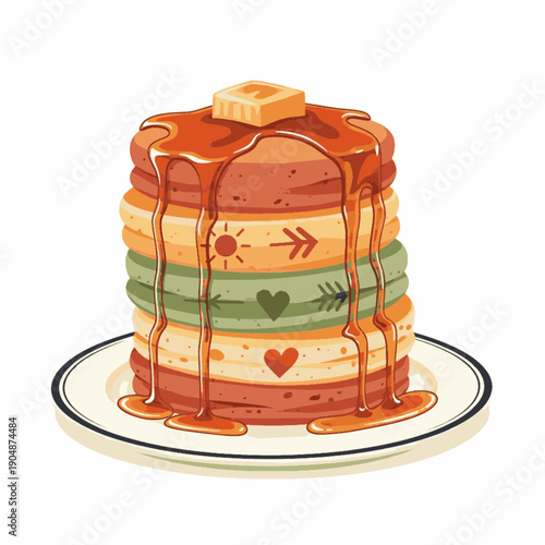 Vector illustration of a tall stack of fluffy pancakes decorated with boho patterns, hearts, and arrows, topped with melting butter and dripping maple syrup on a plate.