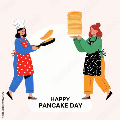 Happy Pancake Day celebration vector illustration with two women cooking. Female chefs flipping pancakes in a frying pan and serving a tall stack of crepes.