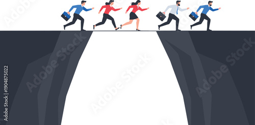 Business team jumping over gap as teamwork success challenge leadership motivation concept flat vector illustration