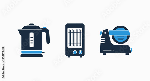 Household appliance icons: electric kettle, space heater with glowing elements, and a food slicer, representing common kitchen and comfort devices in a modern flat style.