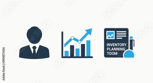 Business and finance icons: a businessman silhouette, a bar graph with upward trend, and a document for inventory planning, representing analytics, growth, and strategy.