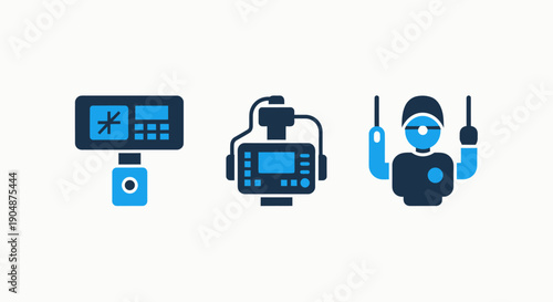 Collection of three icons related to photography and lighting: a flash unit, a portable light meter, and a photographer figure, in a modern flat design.