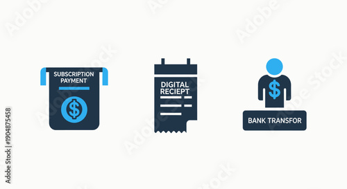 Financial icons symbolizing subscription payment, digital receipt, and bank transfer, presented in a clean, modern, blue and dark navy flat design.