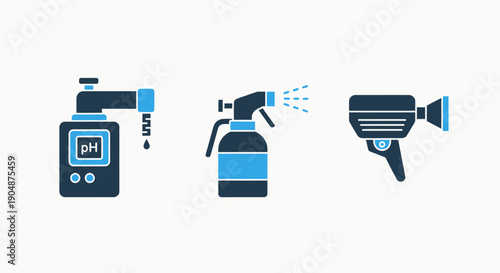 Icons depicting scientific and cleaning tools: a pH meter with a drop, a spray bottle with mist, and a vintage-style camcorder, rendered in blue and dark navy.
