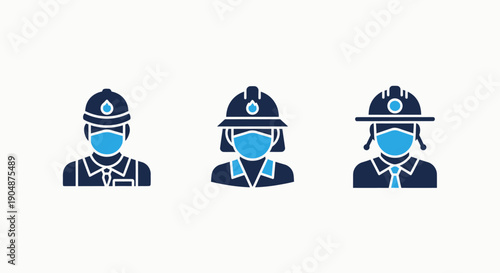 Icons of three essential workers wearing masks and hard hats: construction worker, female engineer, and firefighter, representing safety and public service.