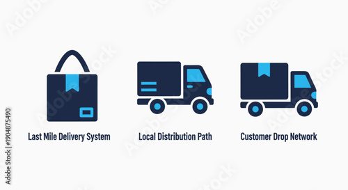 Icons for logistics and delivery: a package, a local distribution truck, and a customer drop-off point, representing modern supply chain solutions.